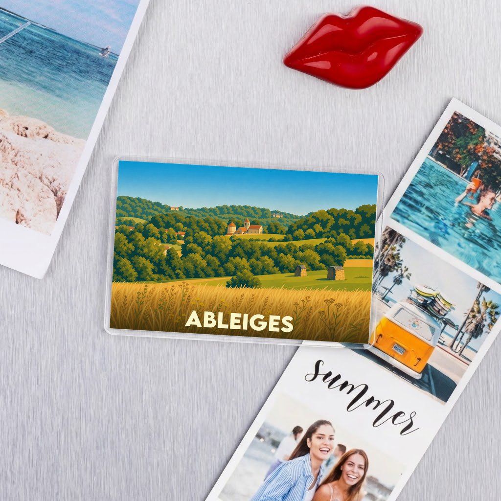 Magnet souvenir de la ville de Ableiges avec une illustration stylisée de paysages vallonnés.