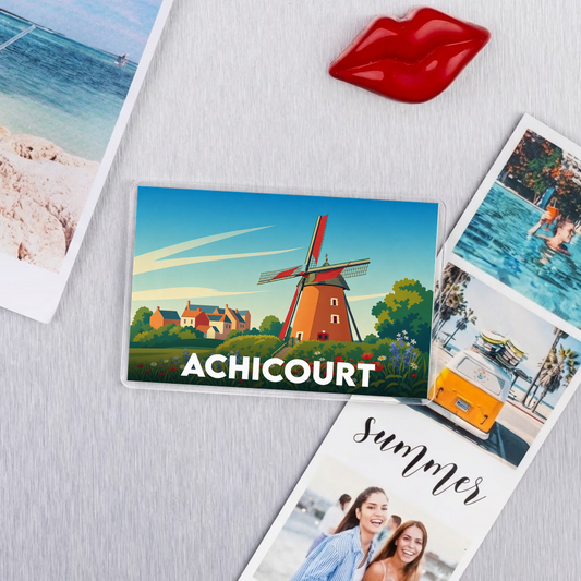 Magnet souvenir de la ville de Achicourt avec une illustration stylisée d'un moulin.