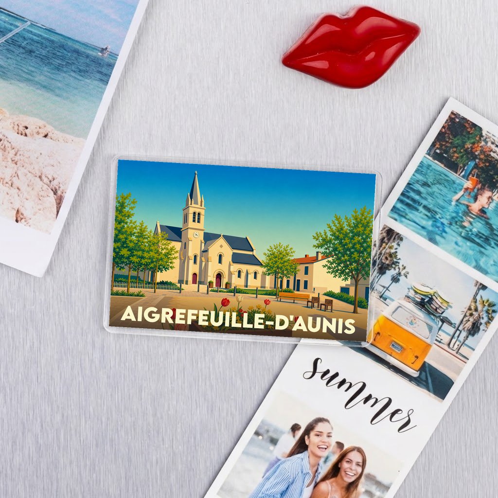 Magnet souvenir de la ville de Aigrefeuille-d'Aunis avec une illustration stylisée de son église.