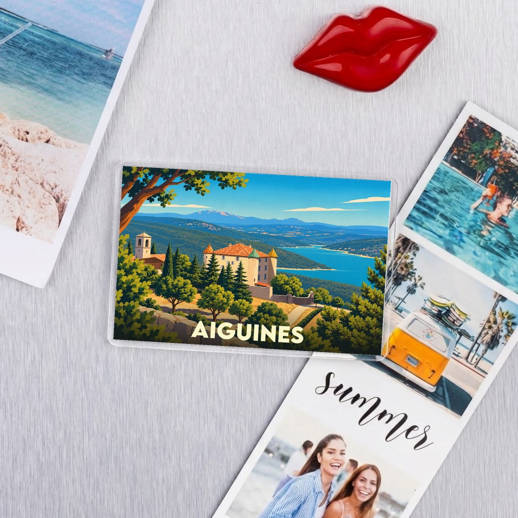 Magnet souvenir de la ville d'Aiguines avec une illustration stylisée du château surplombant le lac.