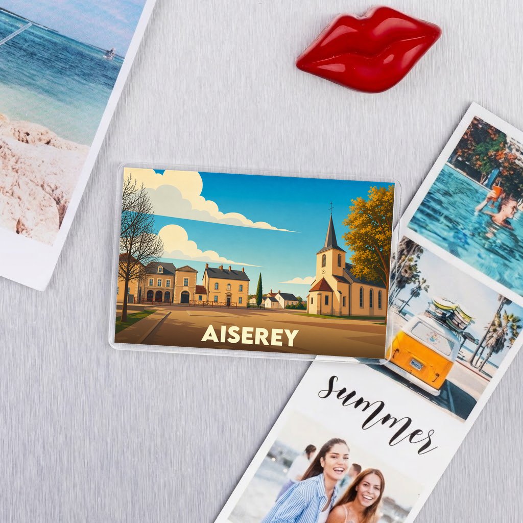 Magnet souvenir de la ville d'Aiserey avec une illustration stylisée.