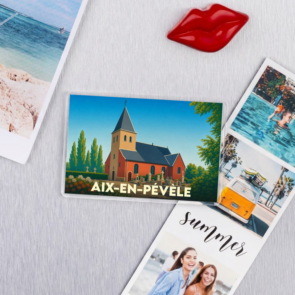 Magnet souvenir de la ville d'Aix-en-Pévèle avec une illustration stylisée de son église.