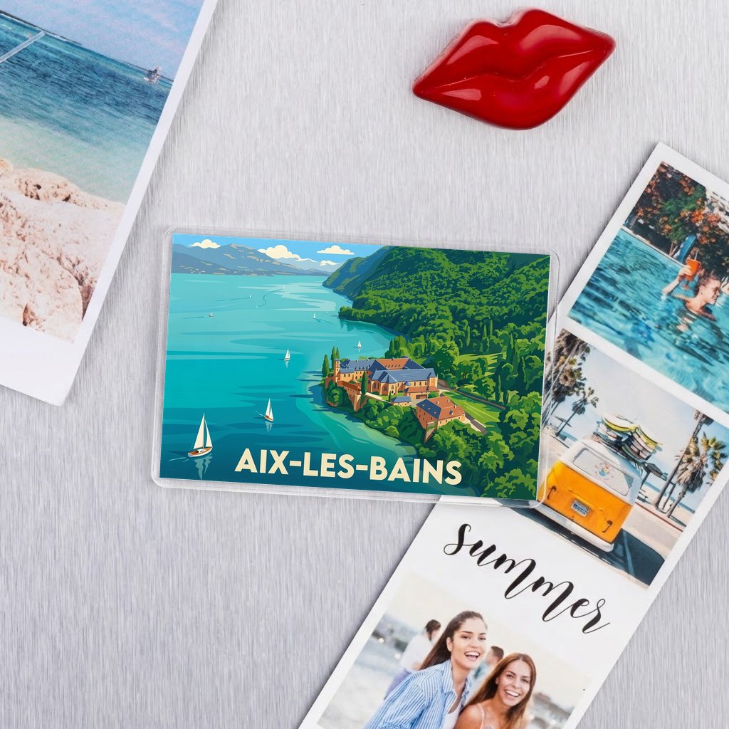 Magnet souvenir de la ville d'Aix-les-Bains avec une illustration stylisée d'un paysage de lac.