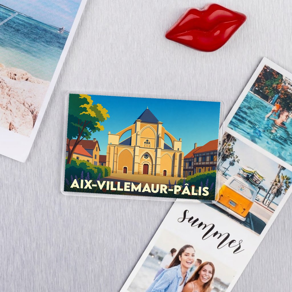 Magnet souvenir de la commune d'Aix-Villemaur-Pâlis avec une illustration stylisée de sa collégiale.