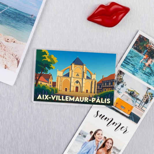 Magnet souvenir de la commune d'Aix-Villemaur-Pâlis avec une illustration stylisée de sa collégiale.