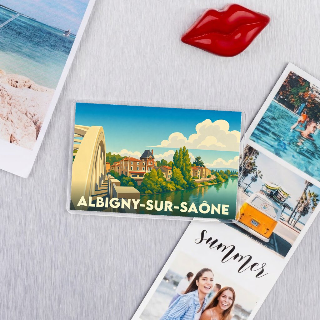 Magnet souvenir de la ville d'Albigny-sur-Saône avec une illustration stylisée d'un pont et de bâtiments en bord de rivière.