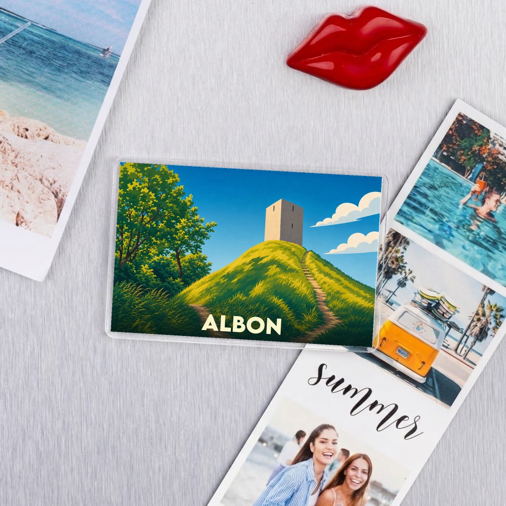 Magnet souvenir de la ville d'Albon avec une illustration stylisée d'une tour sur une colline.