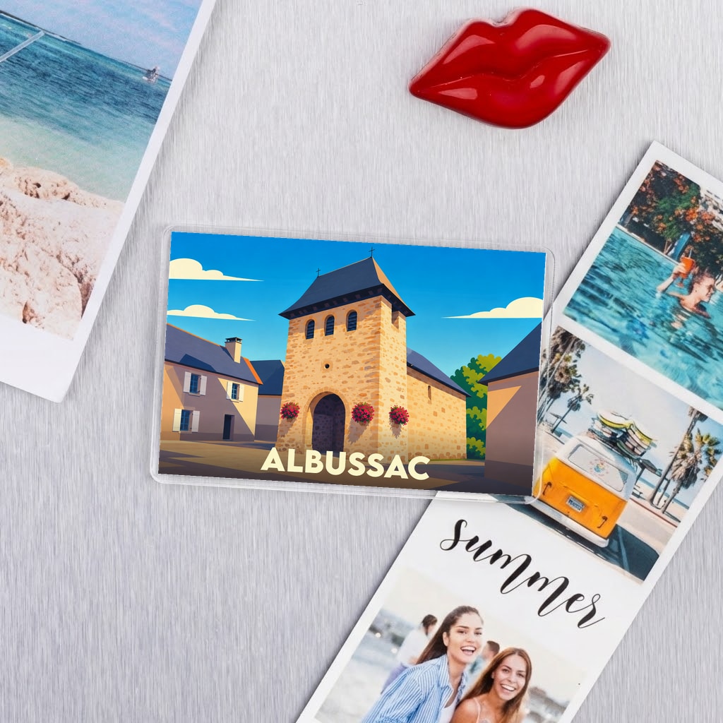 Magnet souvenir de la ville d'Albussac avec une illustration stylisée de son église.