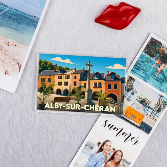 Magnet souvenir de la ville de Alby-sur-Chéran avec une illustration colorée et stylisée.