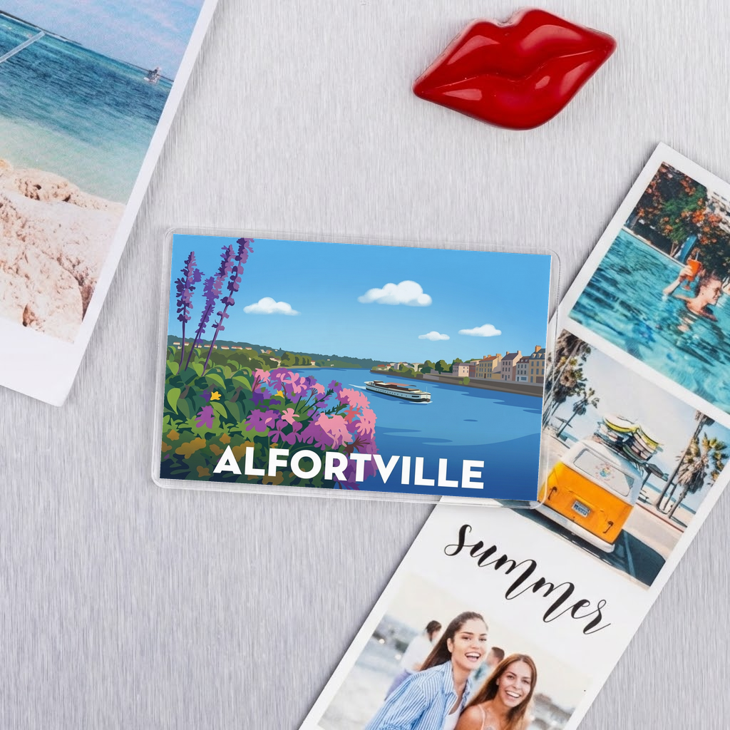 Magnet souvenir de la ville d'Alfortville avec une illustration stylisée des bords de l'eau.