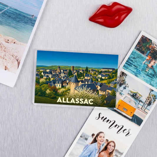 Magnet souvenir de la ville de Allassac avec une illustration stylisée.