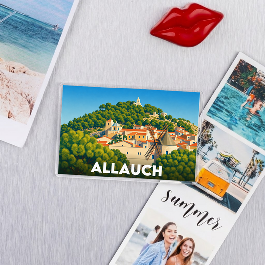 Magnet souvenir de la ville d'Allauch avec une illustration stylisée.