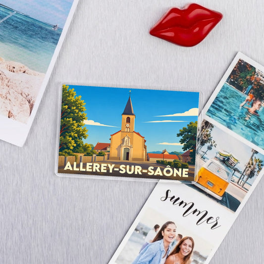 Magnet souvenir d'Allerey-sur-Saône avec une illustration stylisée de son église sous un ciel bleu.