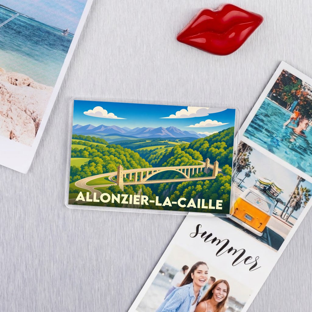 Magnet souvenir de la ville d'Allonzier-la-Caille avec une illustration stylisée de son célèbre pont.
