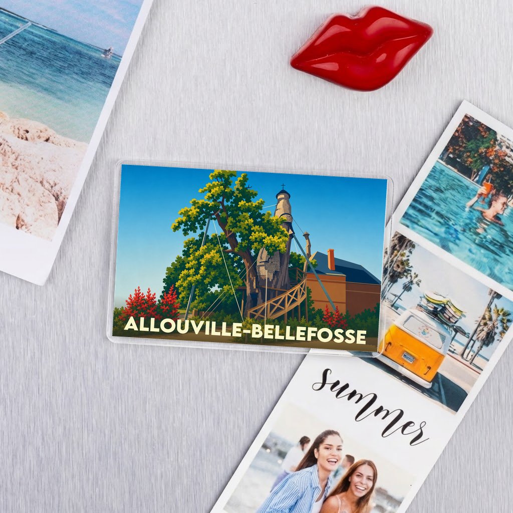 Magnet souvenir de la ville de Allouville-Bellefosse avec une illustration stylisée de son chêne millénaire.