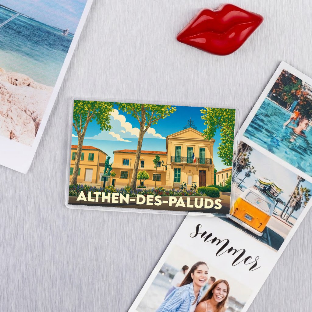 Magnet rectangulaire souvenir de la ville d'Althen-des-Paluds avec une illustration colorée et stylisée de sa mairie.