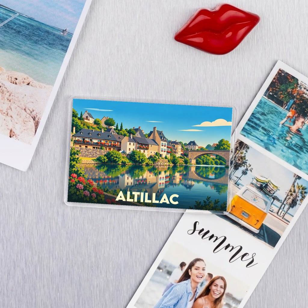 Magnet souvenir de la ville d'Altillac avec une illustration colorée et stylisée d'un paysage de bord de rivière.