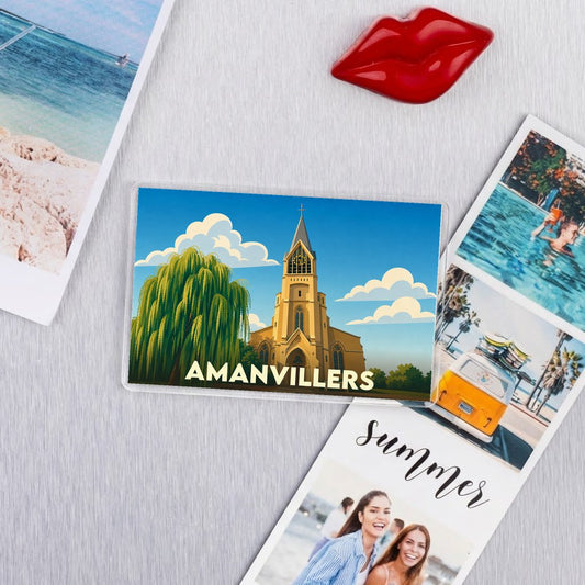 Magnet souvenir de la ville de Amanvillers avec une illustration stylisée de son église.