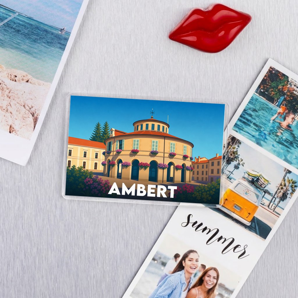 Magnet souvenir de la ville de Ambert avec une illustration stylisée de sa mairie ronde.