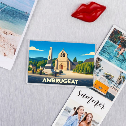 Magnet souvenir de la ville de Ambrugeat avec une illustration stylisée.