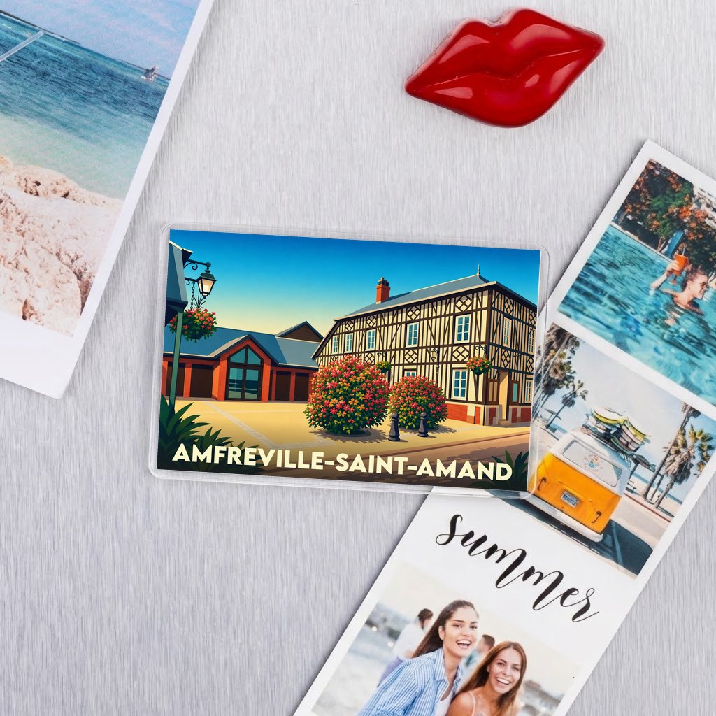 Magnet souvenir de la ville d'Amfreville-Saint-Amand avec une illustration stylisée d'une maison à colombages.