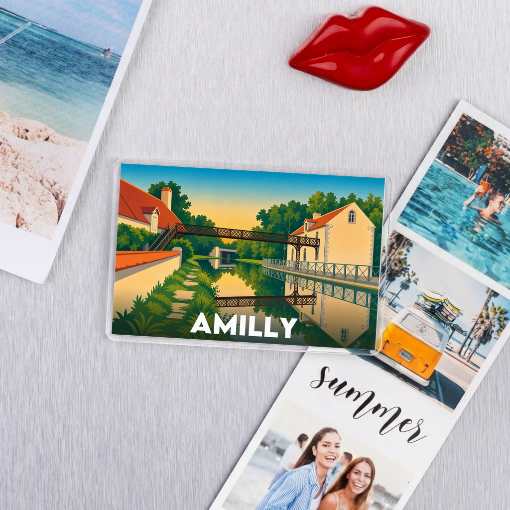 Magnet souvenir de la ville d'Amilly avec une illustration stylisée.