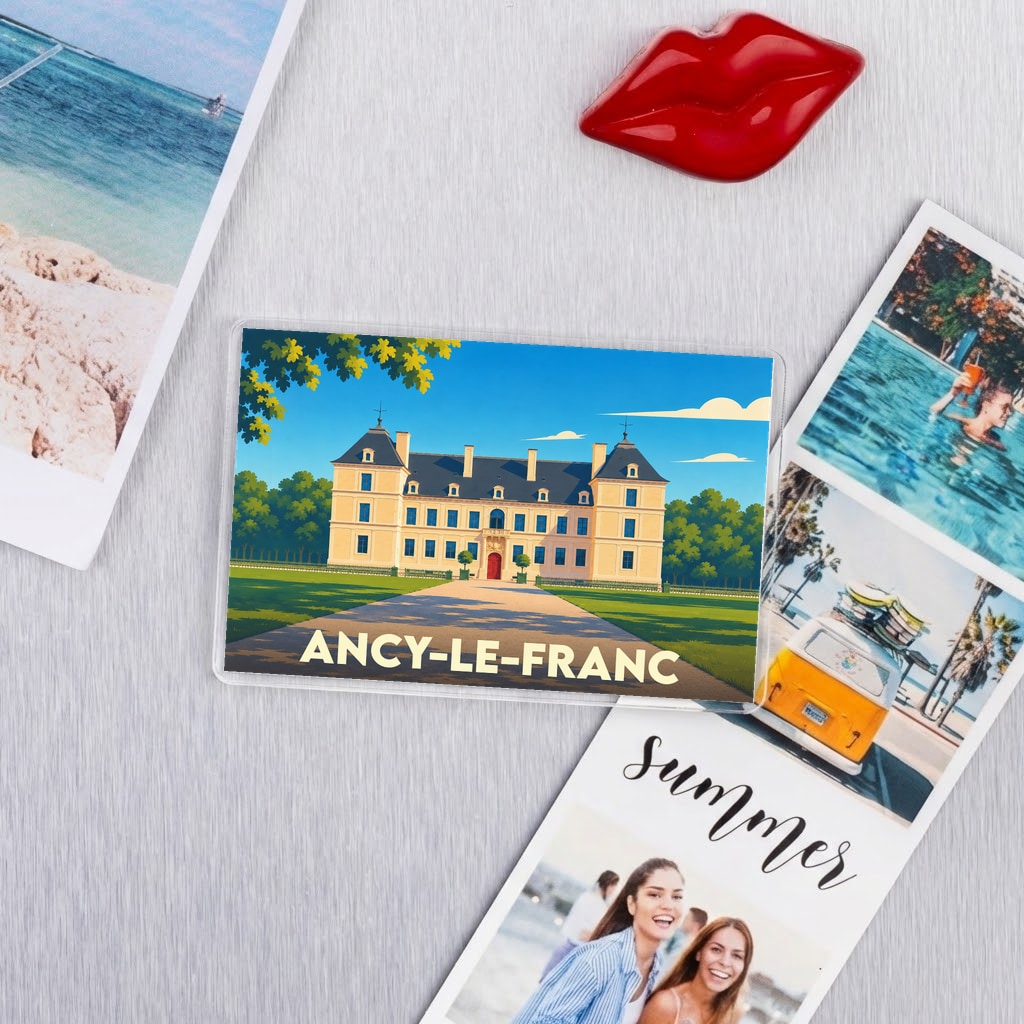 Magnet souvenir de la ville de Ancy-le-Franc avec une illustration stylisée de son château.