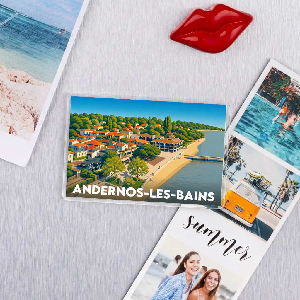 Magnet souvenir de la ville d'Andernos-les-Bains avec une illustration stylisée du front de mer.