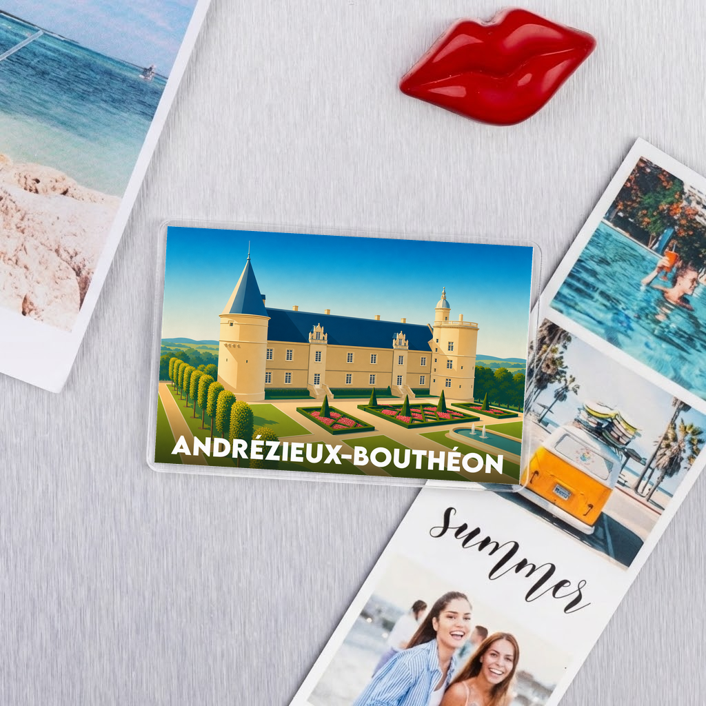 Magnet souvenir de la ville d'Andrézieux-Bouthéon avec une illustration stylisée de son château.
