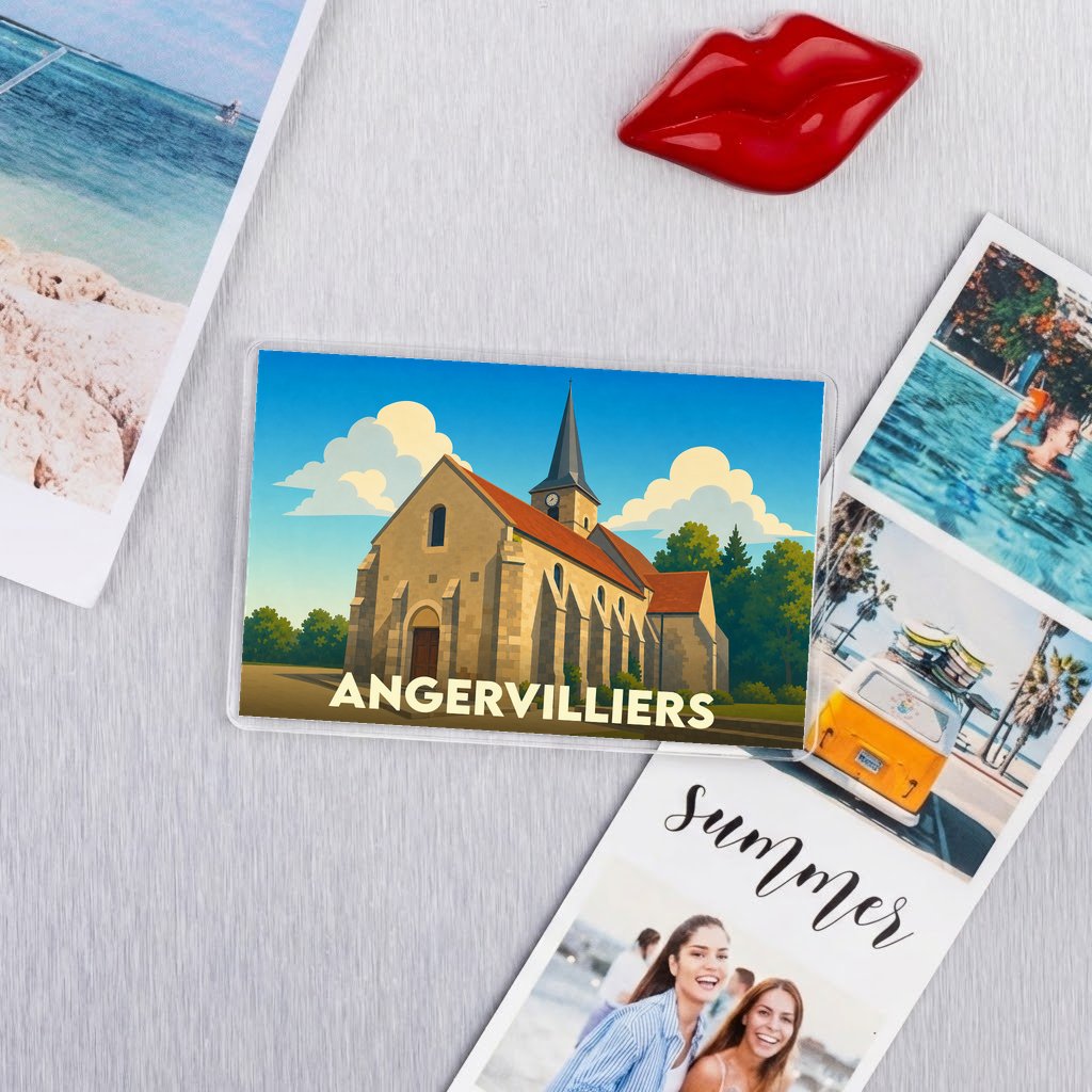 Magnet souvenir de la ville de Angervilliers avec une illustration stylisée d'une église.