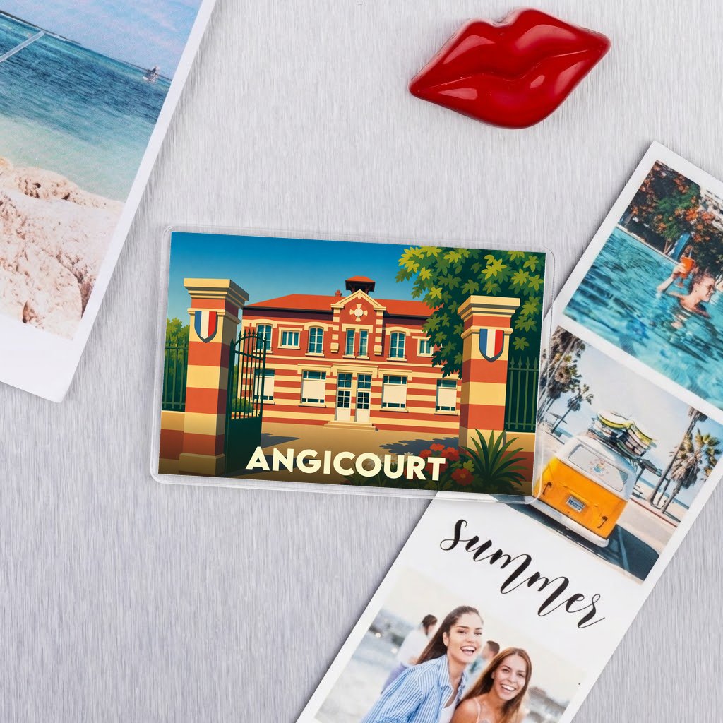 Magnet souvenir de la ville d'Angicourt avec une illustration stylisée d'un bâtiment historique.