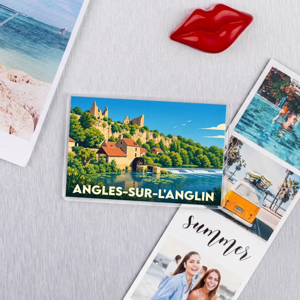 Magnet souvenir de la ville d'Angles-sur-l'Anglin avec une illustration stylisée d'un moulin à eau et du château médiéval.