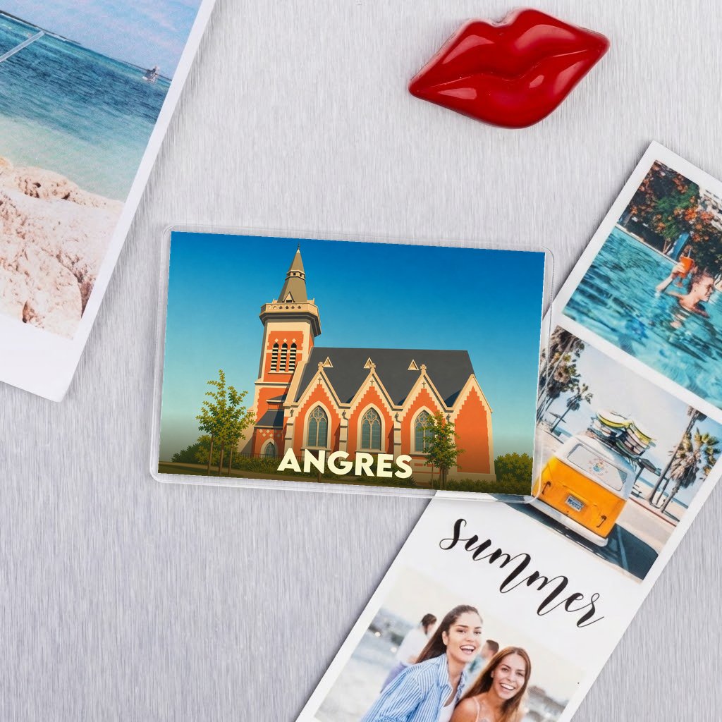 Magnet souvenir de la ville de Angres avec une illustration stylisée d'une église.