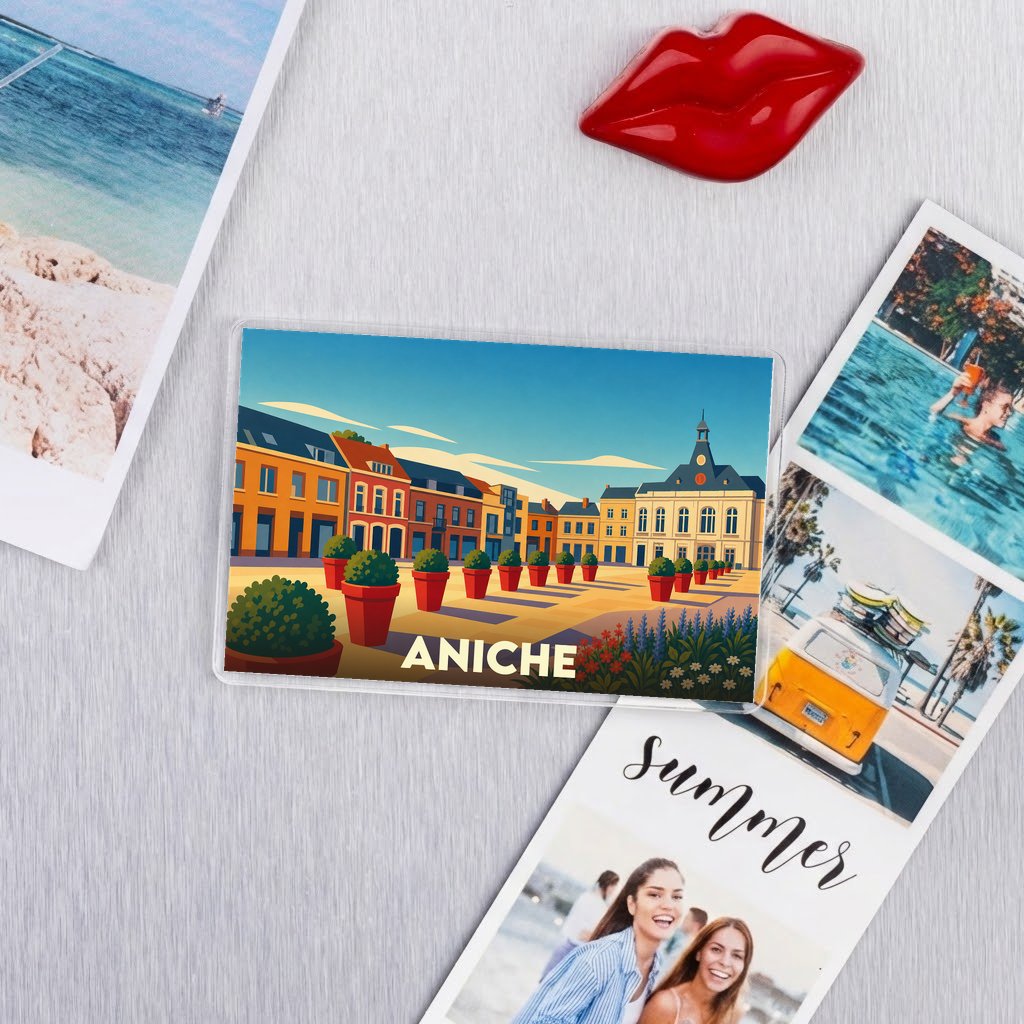 Magnet souvenir de la ville d'Aniche avec une illustration stylisée et colorée.