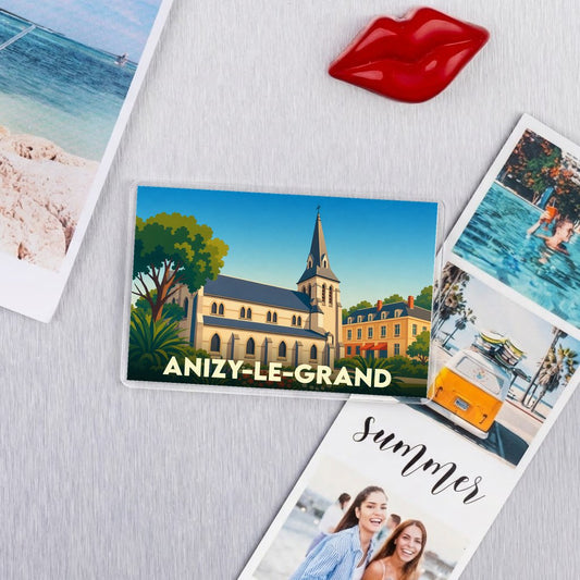 Magnet souvenir de la ville de Anizy-le-Grand avec une illustration stylisée de son église.