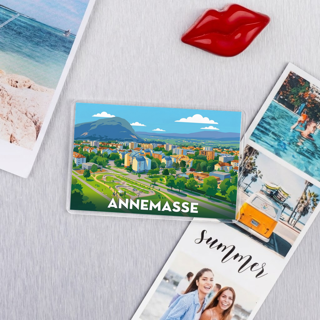 Magnet souvenir de la ville d'Annemasse avec une illustration stylisée.