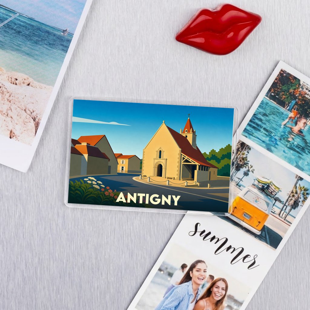 Magnet souvenir de la ville de Antigny avec une illustration stylisée.