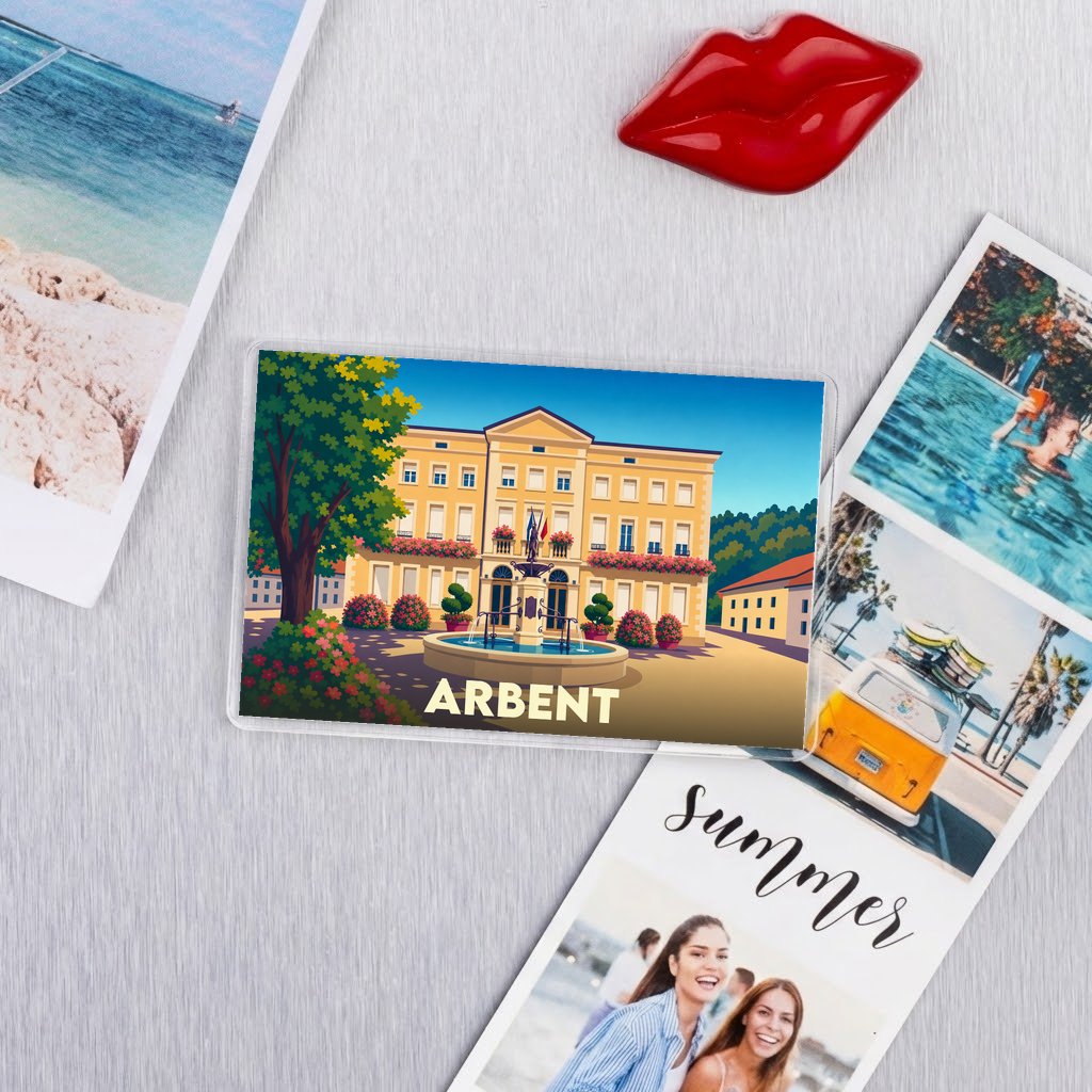 Magnet souvenir de la ville d'Arbent avec une illustration stylisée de son hôtel de ville et de sa fontaine.