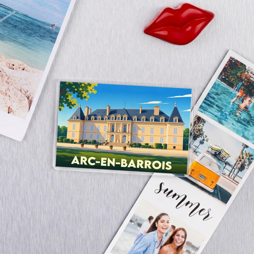 Magnet souvenir de la ville de Arc-en-Barrois avec une illustration stylisée de son château.