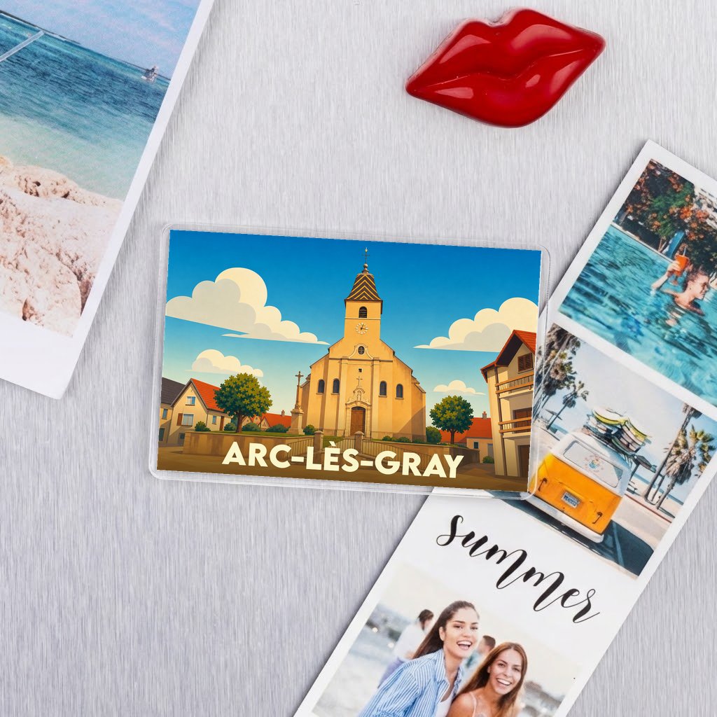 Magnet souvenir de la ville de Arc-lès-Gray avec une illustration stylisée de son église.