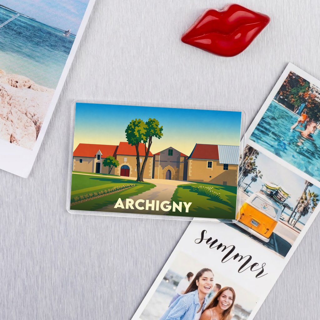 Magnet souvenir de la ville de Archigny avec une illustration stylisée.