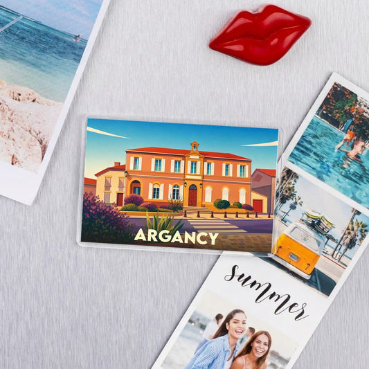 Magnet souvenir de la ville d'Argancy avec une illustration stylisée de son hôtel de ville.