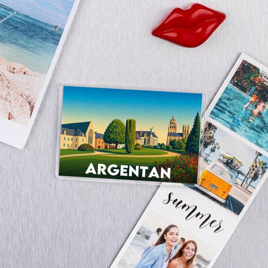 Magnet souvenir de la ville d'Argentan avec une illustration stylisée.