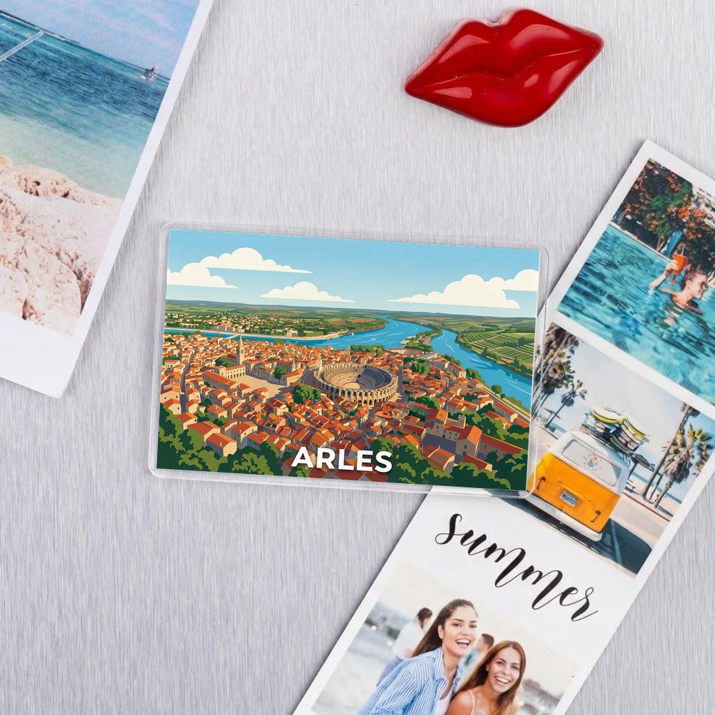 Magnet souvenir de la ville d'Arles avec une illustration stylisée de ses célèbres arènes.