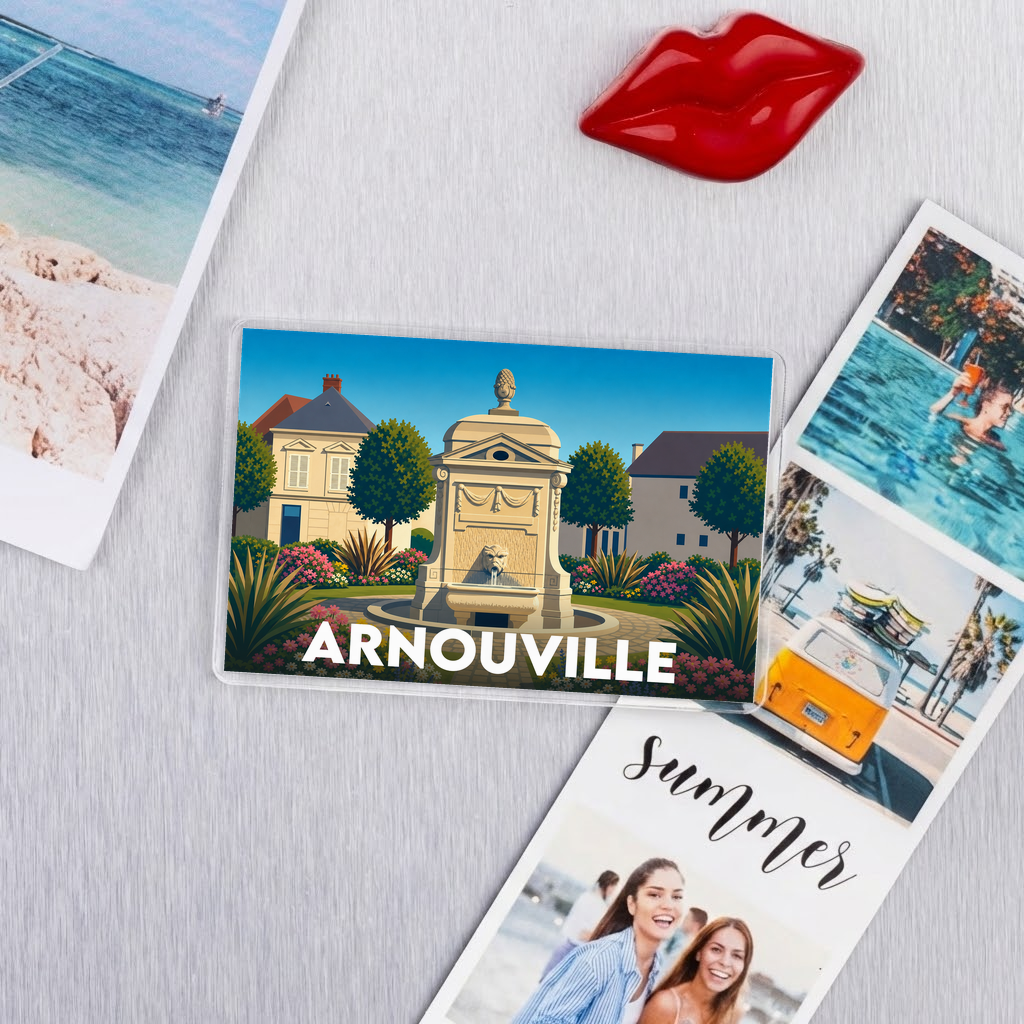 Magnet souvenir de la ville d'Arnouville avec une illustration stylisée d'une fontaine monumentale.