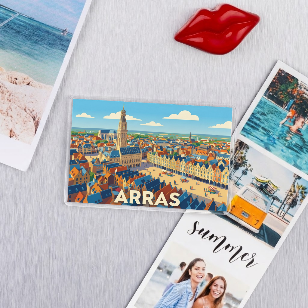 Magnet souvenir de la ville d'Arras avec une illustration stylisée de son architecture.