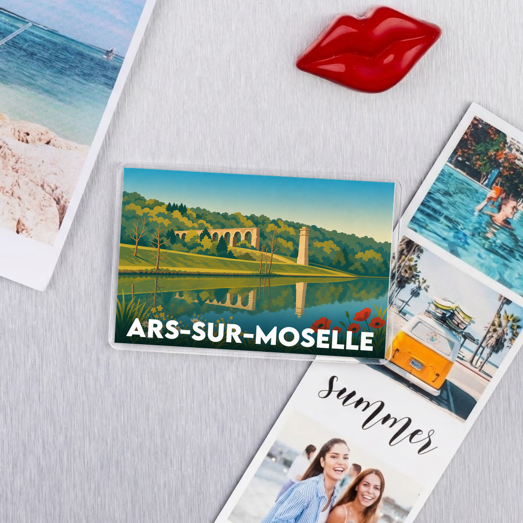 Magnet souvenir de la ville d'Ars-sur-Moselle avec une illustration stylisée de son aqueduc.