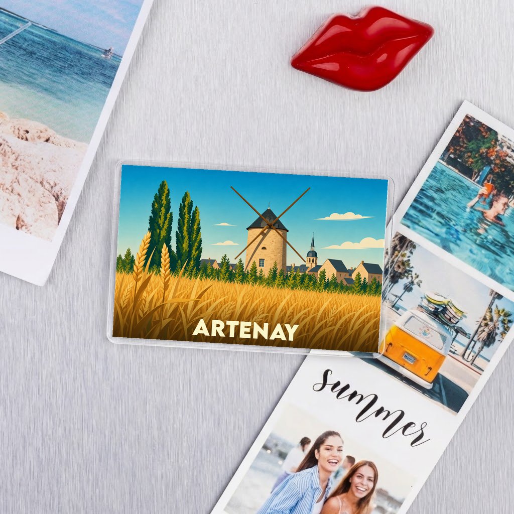 Magnet souvenir de la ville d'Artenay avec une illustration stylisée d'un moulin et d'un champ de blé.
