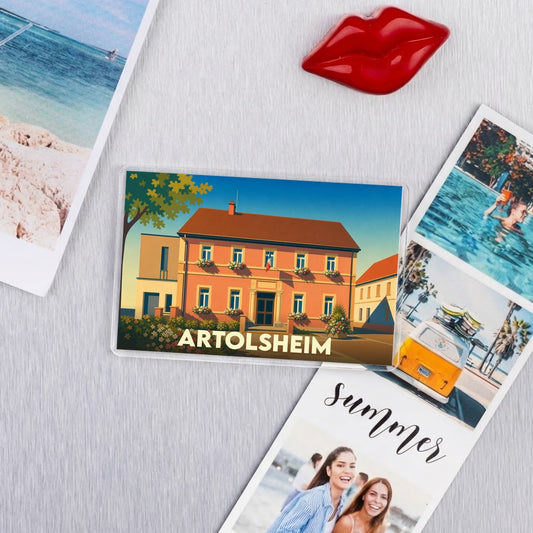 Magnet souvenir de la ville d'Artolsheim avec une illustration stylisée de sa mairie.
