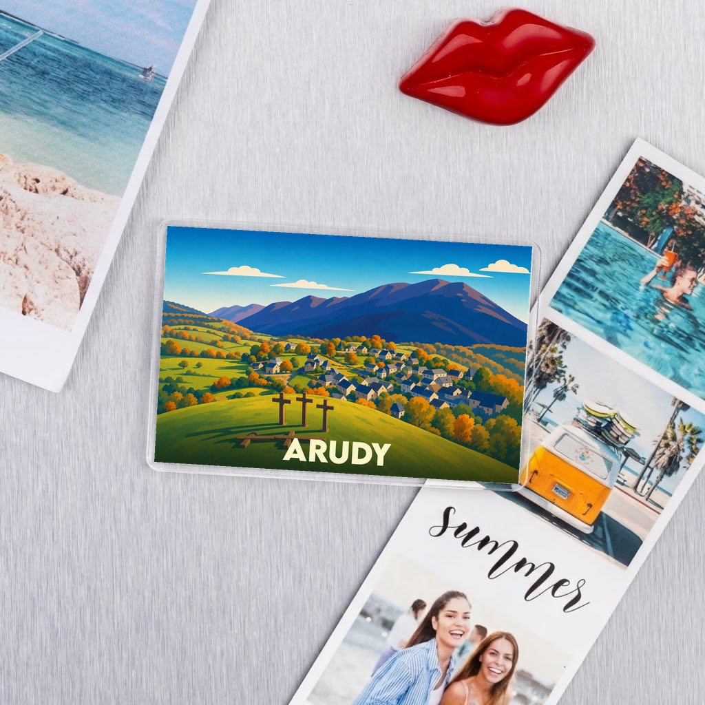 Magnet souvenir de la ville d'Arudy avec une illustration stylisée de ses paysages montagneux.